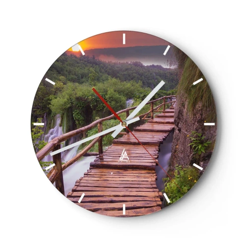 Horloge murale - Pendule murale - Passerelle en bois au-dessus des cascades dans la forêt au coucher du soleil - 30x30cm - La beauté au-delà de la croyance - Décoration murale moderne pour le salon, la cuisine et la chambre ARTTOR