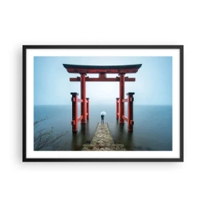 Affiche dans un cadre noir - Poster - Un portail torii surplombant un lac tranquille au Japon - 70x50cm - Rêverie japonnaise - Décoration murale moderne pour le salon et la chambre ARTTOR