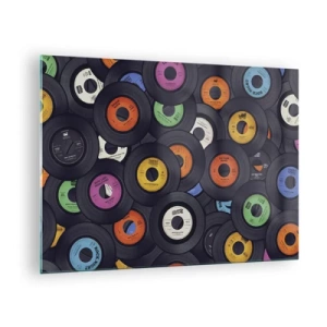 Impression sur verre - Image sur verre - Disques vinyles colorés sur fond noir - 70x50cm - Couleurs des classiques - Décoration murale moderne pour le salon et la chambre ARTTOR