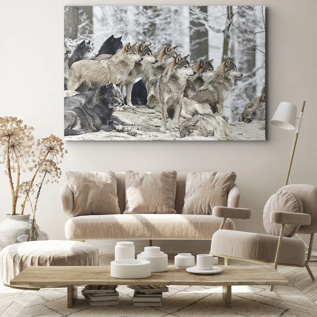 Impression sur toile - Image sur toile - Une meute de loups dans la forêt d'hiver - 70x50cm - Famille et amis - Décoration murale moderne pour le salon et la chambre ARTTOR