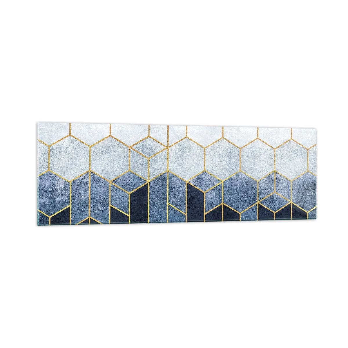 Impression sur verre - Image sur verre - Motif géométrique dans les tons or et bleu marine - 160x50cm - Composition en rythme syncopé - Décoration murale moderne pour le salon et la chambre ARTTOR