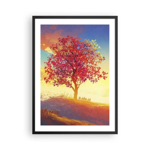 Affiche dans un cadre noir - Poster - Un arbre aux feuilles rouges sur fond de soleil couchant - 50x70cm - Pèlerin à destination - Décoration murale moderne pour le salon et la chambre ARTTOR