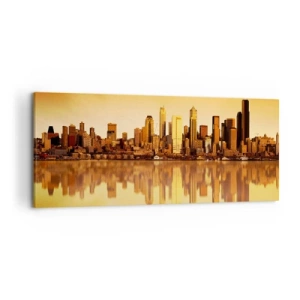 Impression sur toile - Image sur toile - Panorama de la ville reflété dans l'eau au coucher du soleil - 120x50cm - Le silence de la métropole - Décoration murale moderne pour le salon et la chambre ARTTOR
