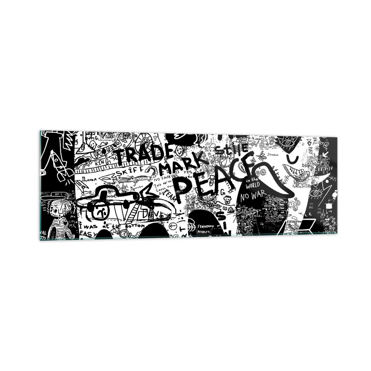 Impression sur verre - Image sur verre - Graphiques en noir et blanc avec des motifs graffitis - 160x50cm - La richesse des rues - Décoration murale moderne pour le salon et la chambre ARTTOR