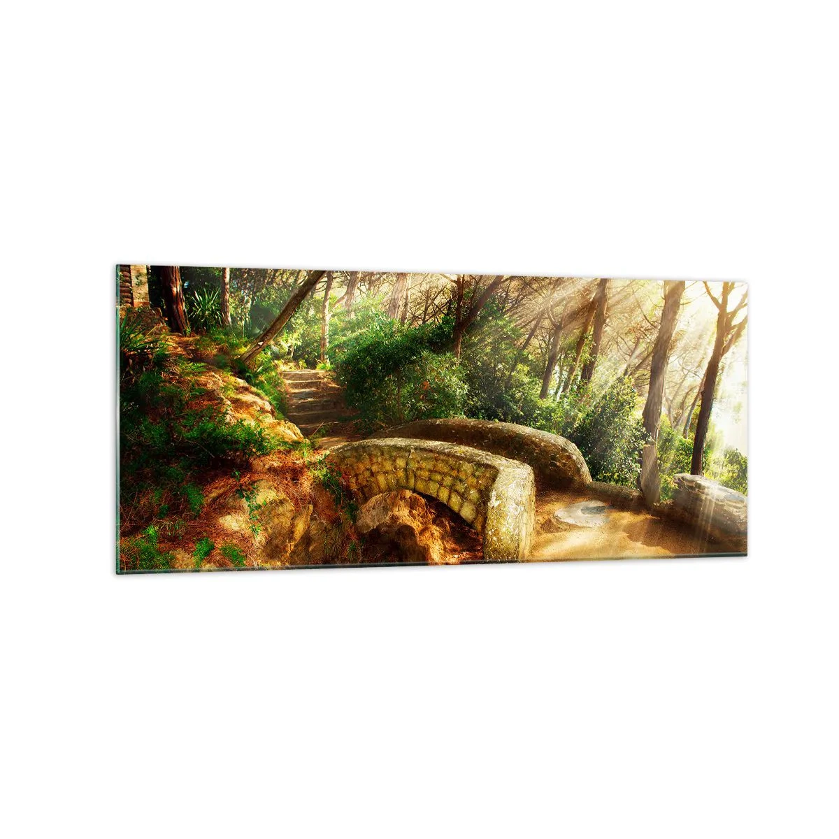 Impression sur verre - Image sur verre - Paysage forestier avec des rayons de soleil et un pont de pierre - 120x50cm - Directement du pont dans une forêt de conte de fées - Décoration murale moderne pour le salon et la chambre ARTTOR