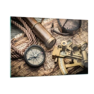 Impression sur verre - Image sur verre - Boussole, carte et aides à la navigation de style rétro - 120x80cm - Fixer un cap - Décoration murale moderne pour le salon et la chambre ARTTOR