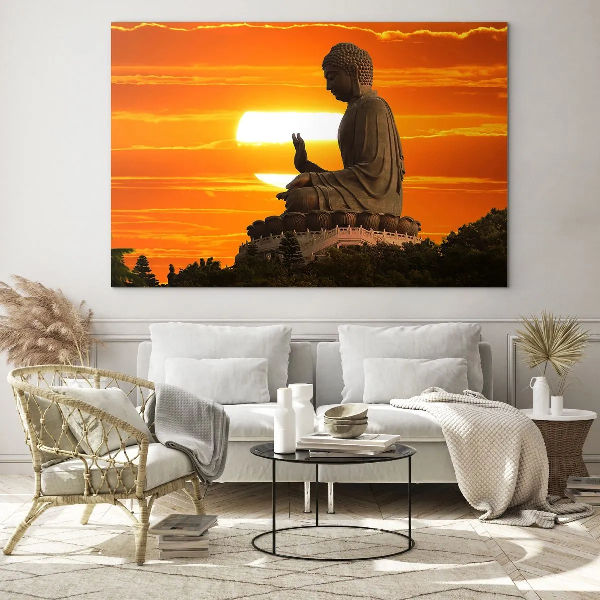 Impression sur verre - Image sur verre - Statue de Bouddha sur fond de soleil couchant - 100x70cm - Aucune peur du monde - Décoration murale moderne pour le salon et la chambre ARTTOR