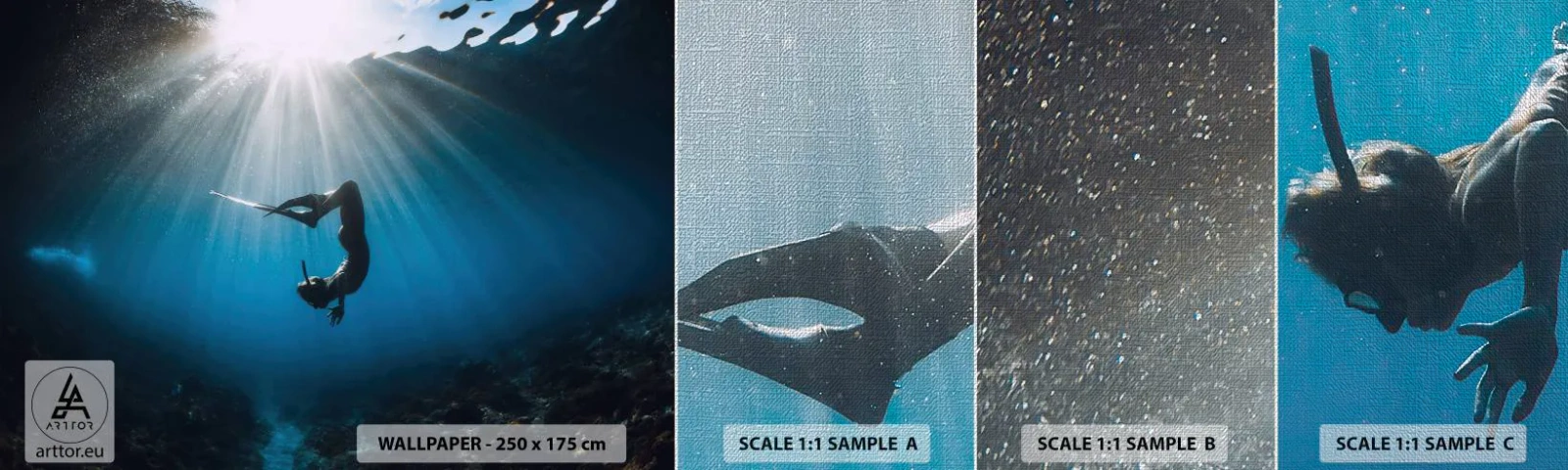 Échantillon de Papier Peint Premium Canvas - Dans sous-marine - Grotte sous-marine, Rayons du soleil, Plongée - 100x30 cm