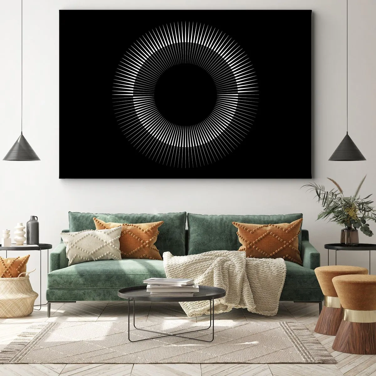 Impression sur toile - Image sur toile - Cercle graphique avec des rayons en noir et blanc - 70x50cm - Soleil noir - Décoration murale moderne pour le salon et la chambre ARTTOR