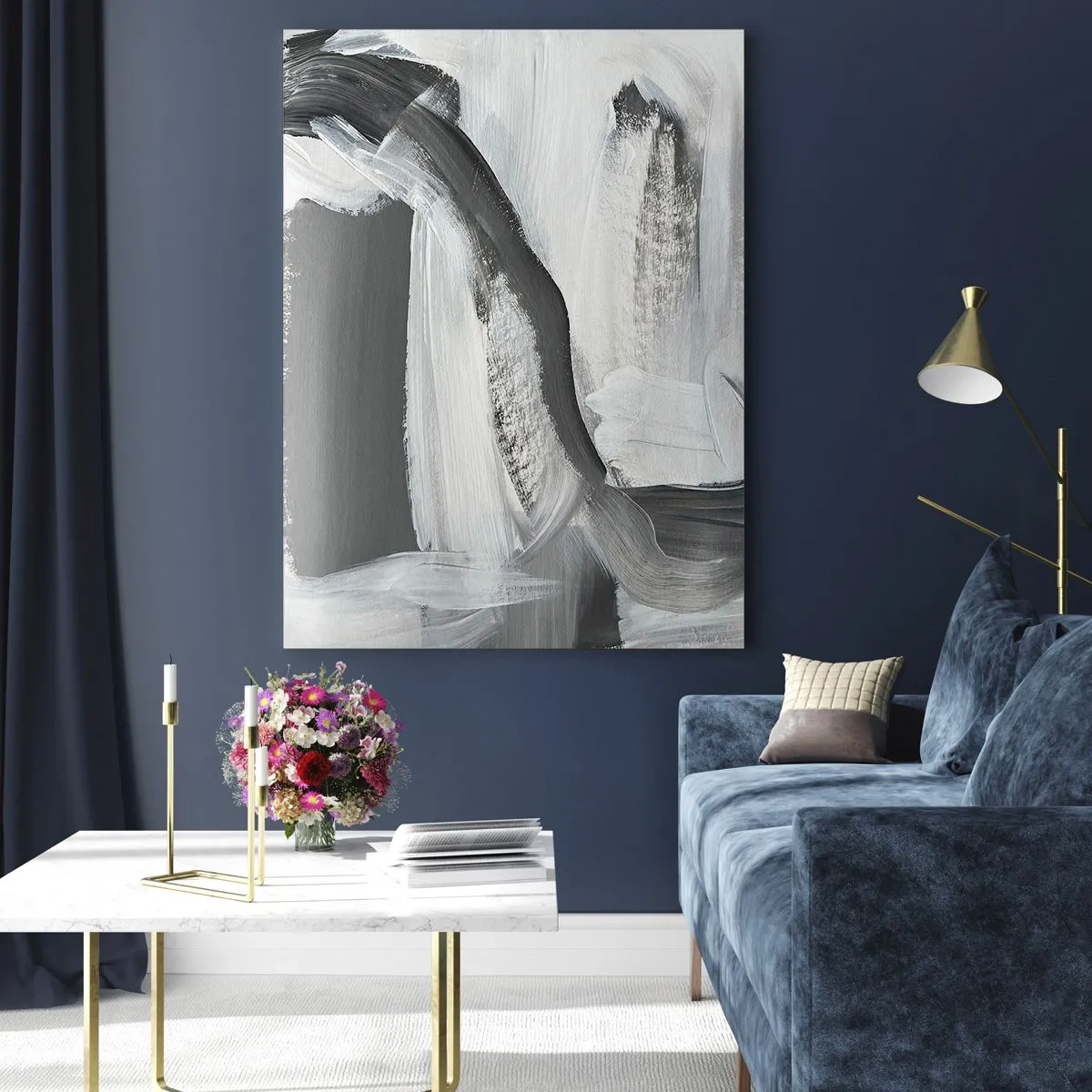 Impression sur verre - Image sur verre - Abstraction grise et blanche avec des lignes dynamiques - 80x120cm - Un geste décisif - Décoration murale moderne pour le salon et la chambre ARTTOR