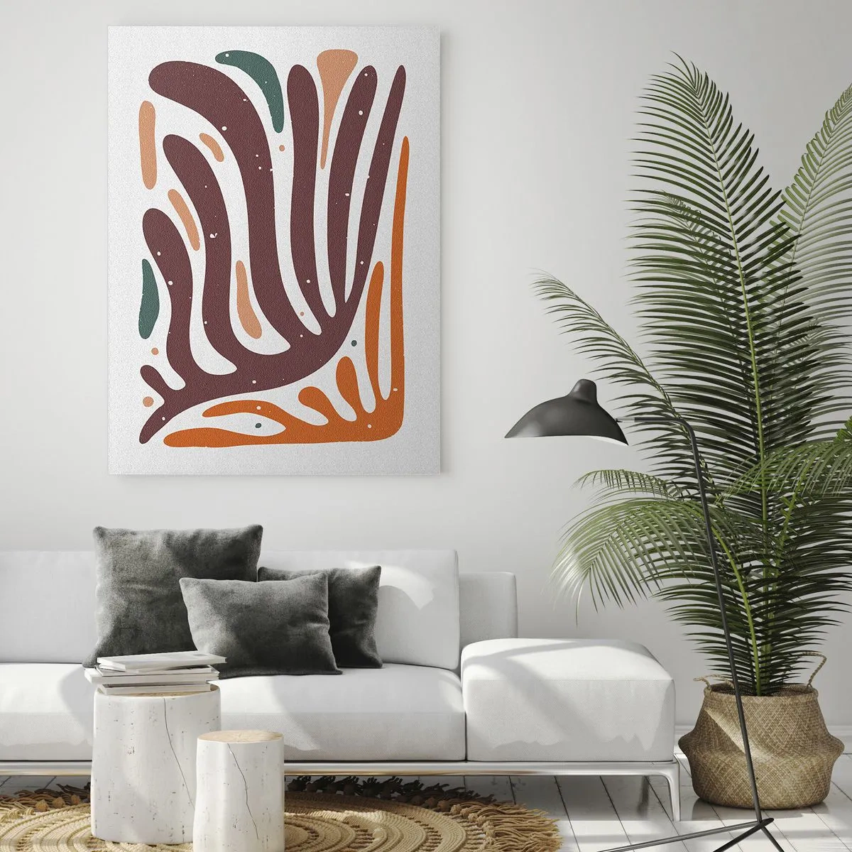 Impression sur verre - Image sur verre - Formes abstraites dans les tons bruns et oranges rayonnant sur un fond blanc - 50x70cm - Composition organique rayonnante - Décoration murale moderne pour le salon et la chambre ARTTOR