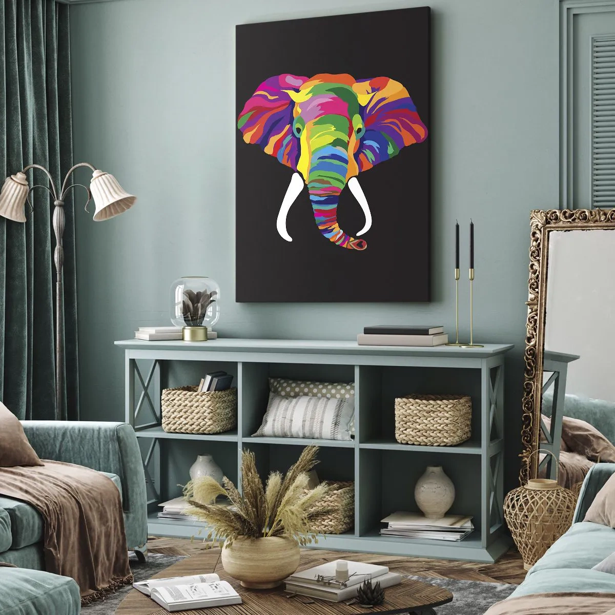 Impression sur toile - Image sur toile - Une image colorée d'un éléphant sur fond noir - 80x120cm - L'éléphant qui aimait se baigner dans un arc-en-ciel - Décoration murale moderne pour le salon et la chambre ARTTOR