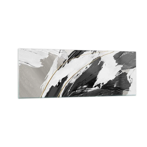 Impression sur verre - Image sur verre - Coups de pinceau noirs et blancs avec une subtile touche dorée - 140x50cm - L'abstraction à grande échelle - Décoration murale moderne pour le salon et la chambre ARTTOR