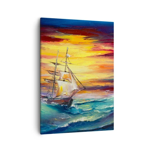 Impression sur toile - Image sur toile - Un voilier sur fond de coucher de soleil coloré - 50x70cm - Courageusement sous les vagues - Décoration murale moderne pour le salon et la chambre ARTTOR