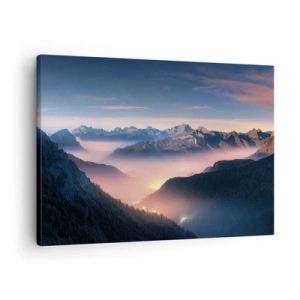 Impression sur toile - Image sur toile - Un paysage de montagne avec une vallée remplie de brouillard - 70x50cm - Lumière dans les vallées - Décoration murale moderne pour le salon et la chambre ARTTOR