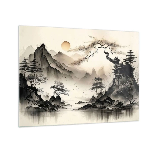 Impression sur verre - Image sur verre - Paysage de montagne oriental avec une pagode et des arbres - 70x50cm - Le charme unique de l'Orient - Décoration murale moderne pour le salon et la chambre ARTTOR