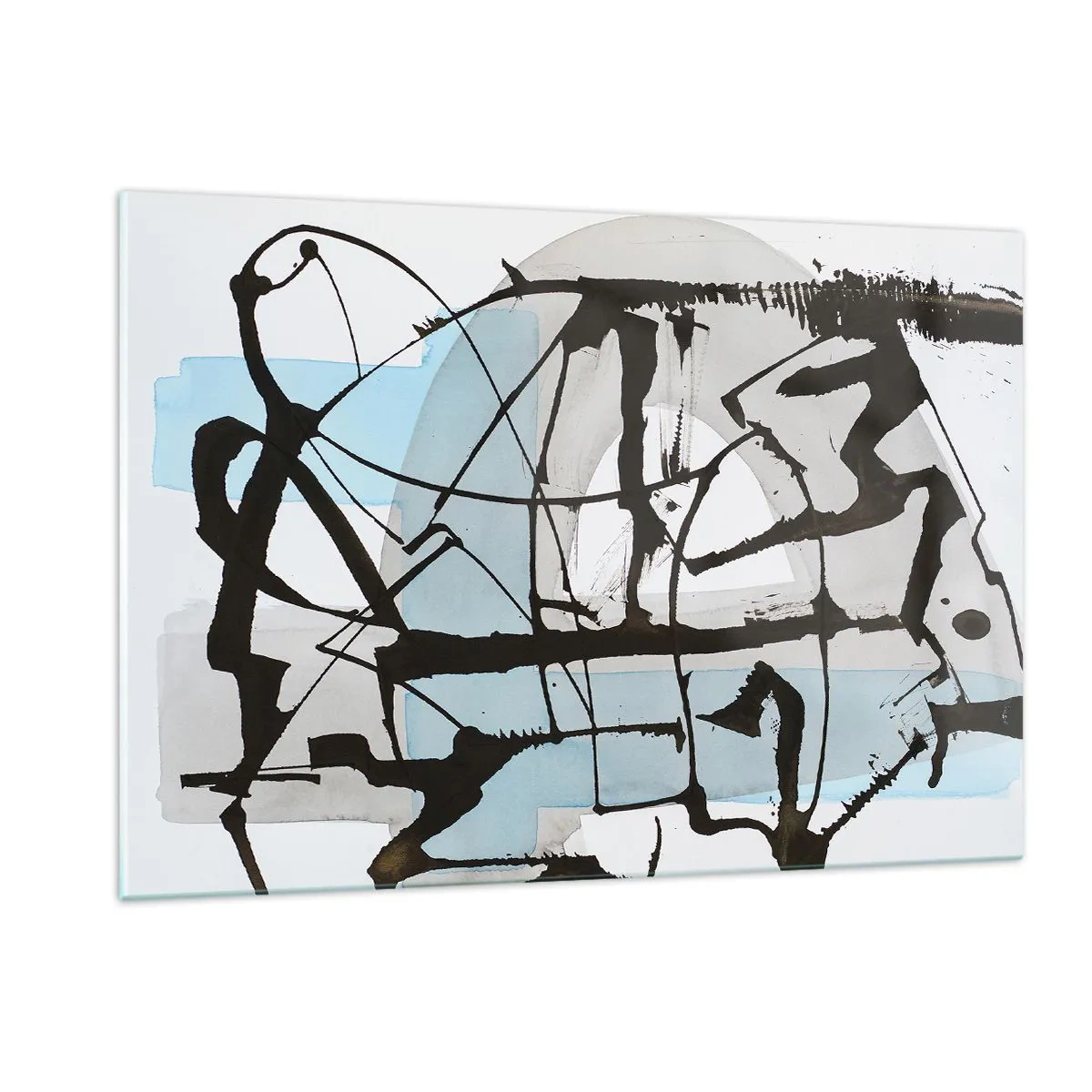 Impression sur verre - Image sur verre - Composition abstraite avec un croquis noir et des taches bleues - 120x80cm - Bleu malgré tout - Décoration murale moderne pour le salon et la chambre ARTTOR