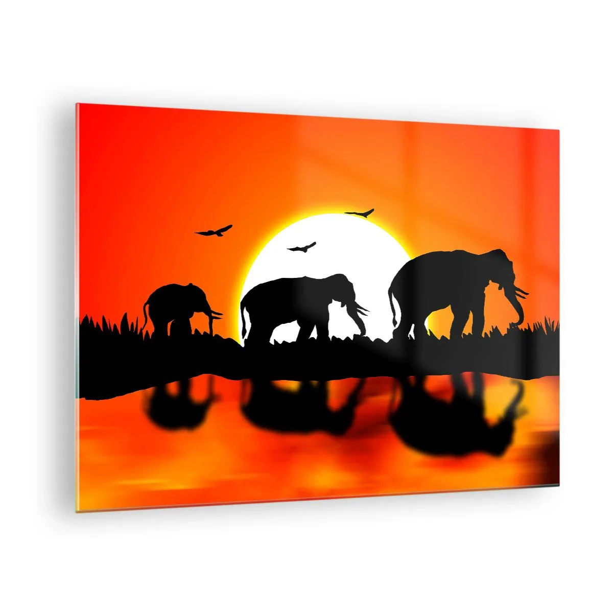 Impression sur verre - Image sur verre - Silhouettes d'éléphants contre le soleil couchant - 70x50cm - Et le soir pour un petit verre - Décoration murale moderne pour le salon et la chambre ARTTOR