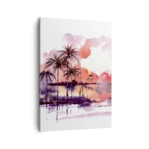 Impression sur toile - Image sur toile - Paysage tropical avec palmiers au coucher du soleil à l'aquarelle - 50x70cm - La tranquillité des tropiques en rouge - Décoration murale moderne pour le salon et la chambre ARTTOR