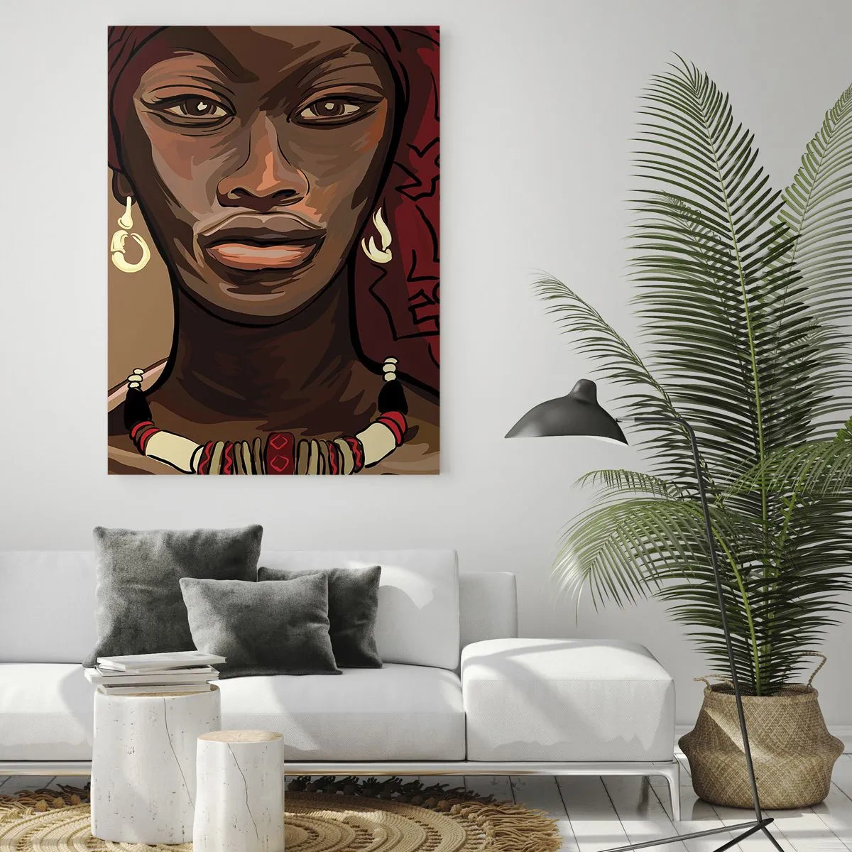 Impression sur verre - Image sur verre - Portrait stylisé d'une femme au turban rouge avec des bijoux. - 50x70cm - Vénus d'ébène - Décoration murale moderne pour le salon et la chambre ARTTOR