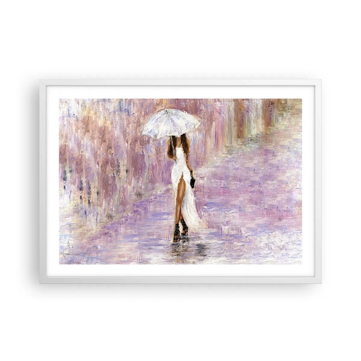 Affiche dans un cadre blanc - Poster - Sous la pluie lilas - 70x50 cm