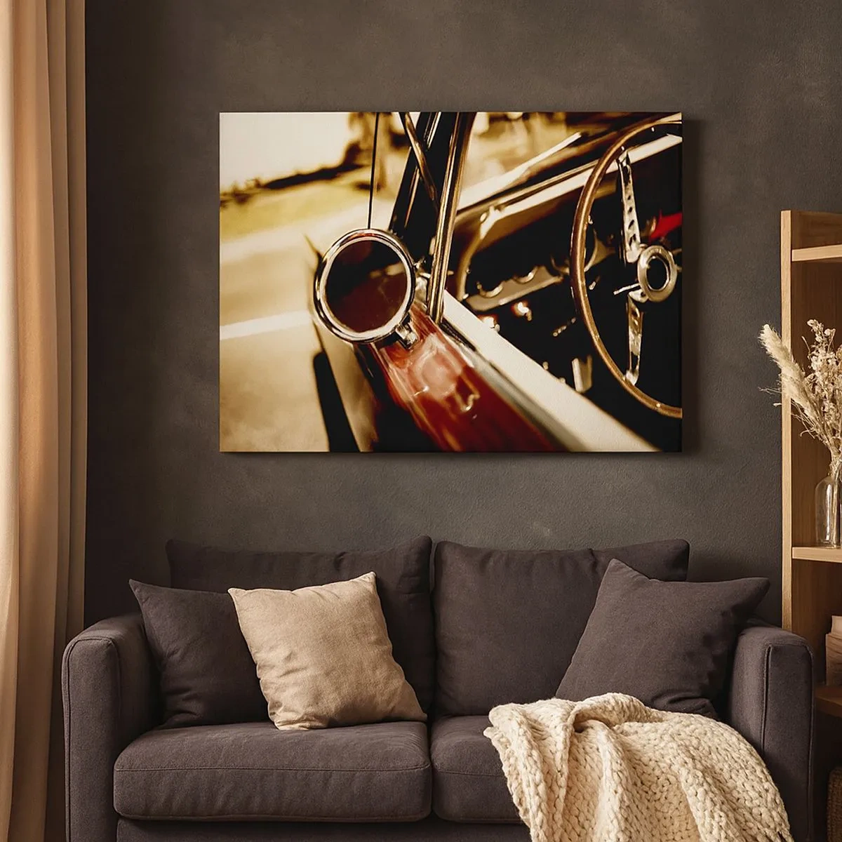 Impression sur toile - Image sur toile - Gros plan du miroir et de l'intérieur d'une voiture rétro classique - 70x50cm - Auto avec une âme - Décoration murale moderne pour le salon et la chambre ARTTOR