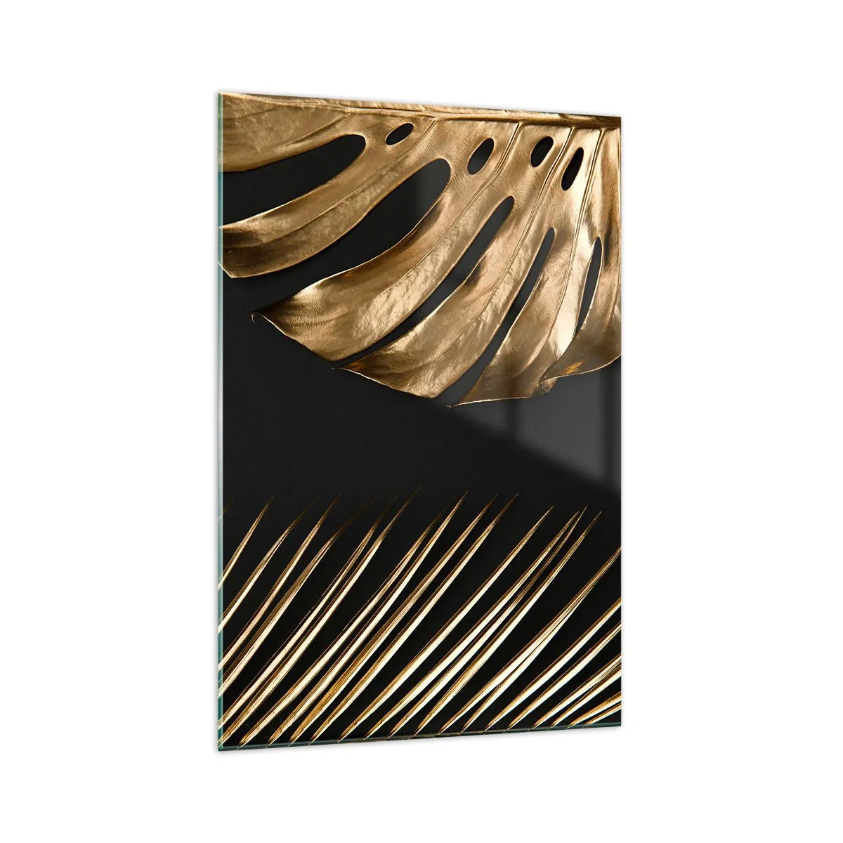 Impression sur verre - Image sur verre - Feuilles dorées sur fond noir - 70x100cm - Différent et tout aussi cher - Décoration murale moderne pour le salon et la chambre ARTTOR