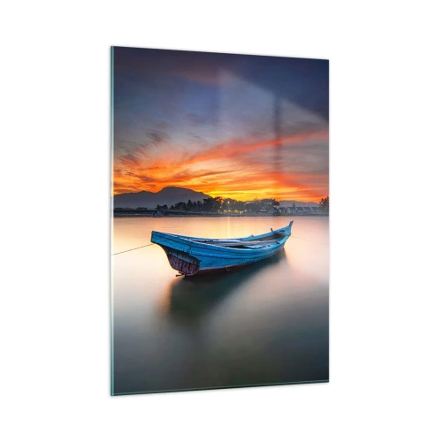 Impression sur verre - Image sur verre - Bateau en bois sur le lac au coucher du soleil - 50x70cm - Une bonne nuit arrive - Décoration murale moderne pour le salon et la chambre ARTTOR