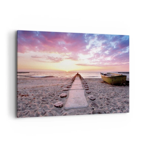 Impression sur toile - Image sur toile - Plage au lever du soleil avec bateau et jetée - 100x70cm - Moment d'expérience profonde - Décoration murale moderne pour le salon et la chambre ARTTOR