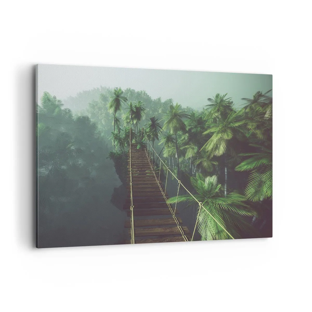 Impression sur toile - Image sur toile - Un pont suspendu dans une forêt tropicale entourée de brouillard. - 120x80cm - Au fil de la verdure - Décoration murale moderne pour le salon et la chambre ARTTOR