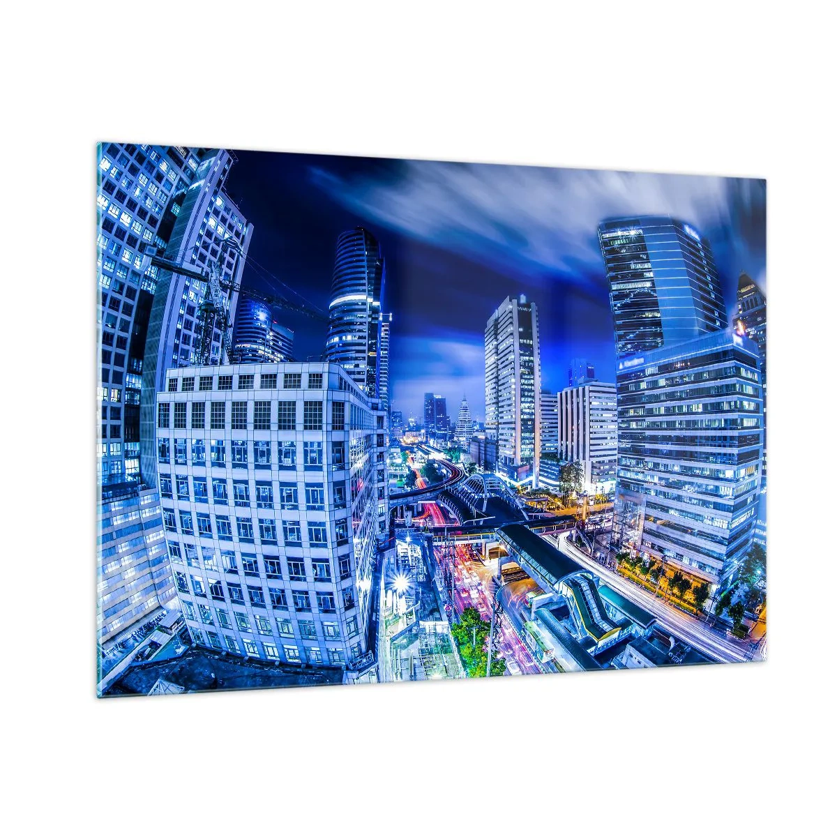 Impression sur verre - Image sur verre - Panorama d'une ville moderne la nuit avec des lumières vives - 100x70cm - Rythmes de la ville nocturne - Décoration murale moderne pour le salon et la chambre ARTTOR