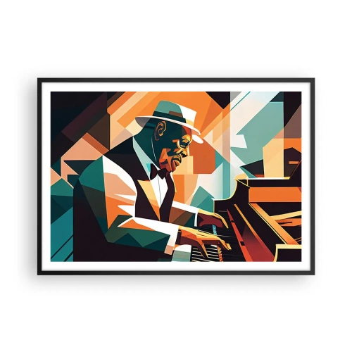 Affiche dans un cadre noir - Poster - Musicien abstrait jouant du piano dans des couleurs chaudes. - 100x70cm - C’est tout le jazz - Décoration murale moderne pour le salon et la chambre ARTTOR