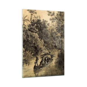 Impression sur verre - Image sur verre - Dessin d'une jungle avec un bateau sur une rivière - 80x120cm - Expédition à la source - Décoration murale moderne pour le salon et la chambre ARTTOR