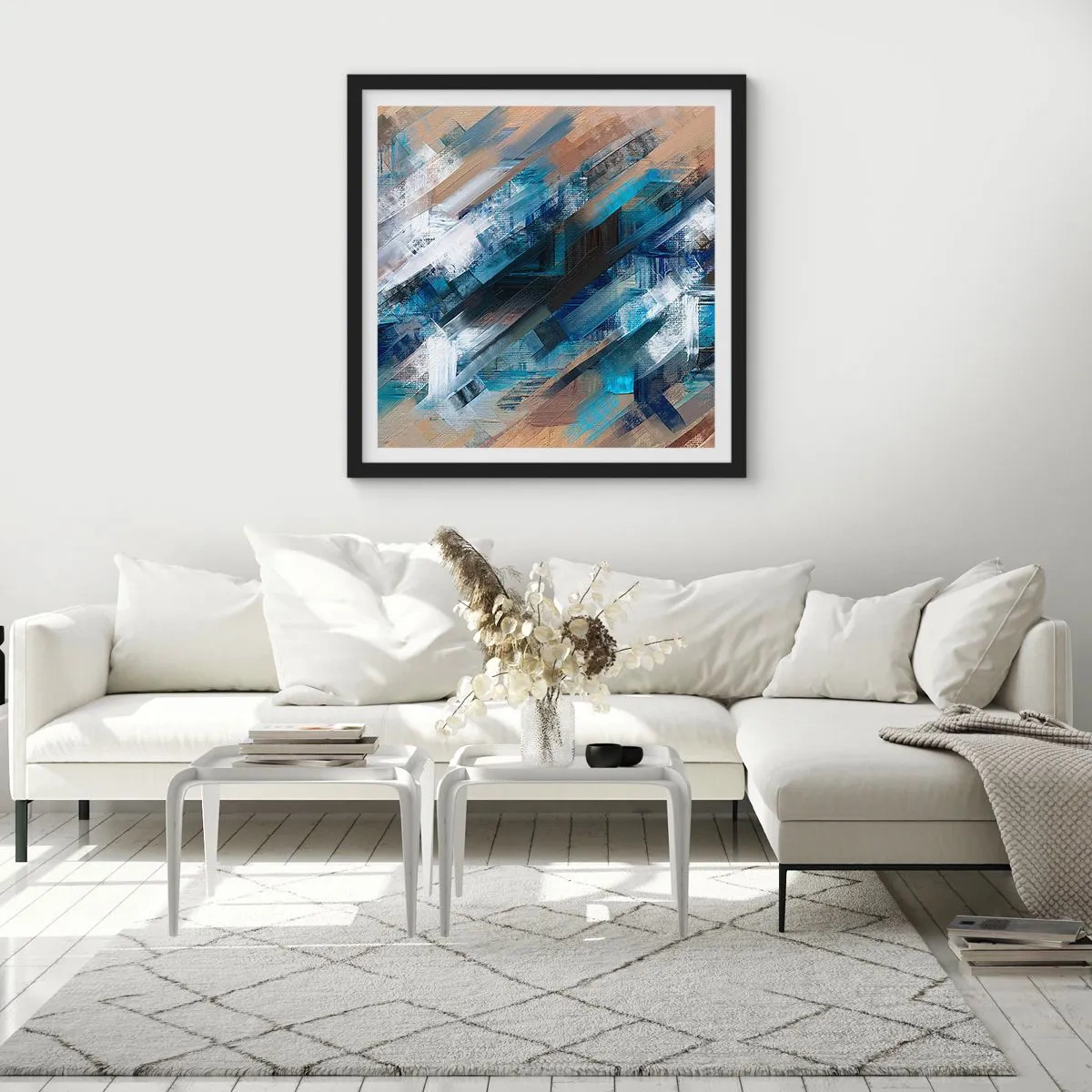 Affiche dans un cadre noir - Poster - Diagonale de bleus - 50x50 cm
