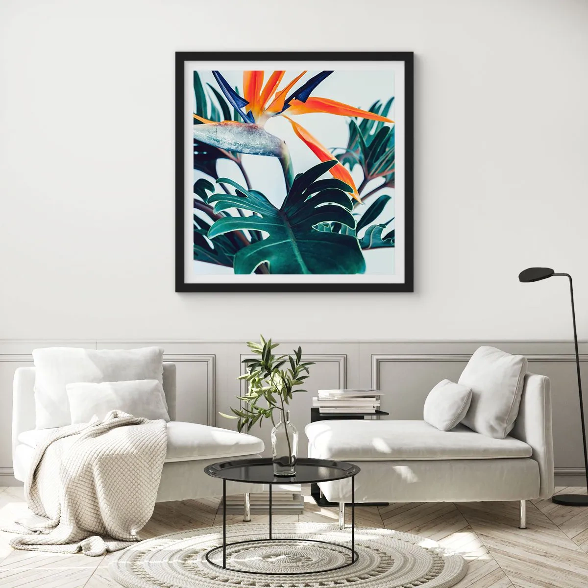 Affiche dans un cadre noir - Poster - Le buisson oiseaux - 30x30 cm