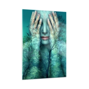 Impression sur verre - Image sur verre - Un visage de femme avec un motif d'arbre dans un décor surréaliste - 50x70cm - immergé dans l'azur - Décoration murale moderne pour le salon et la chambre ARTTOR