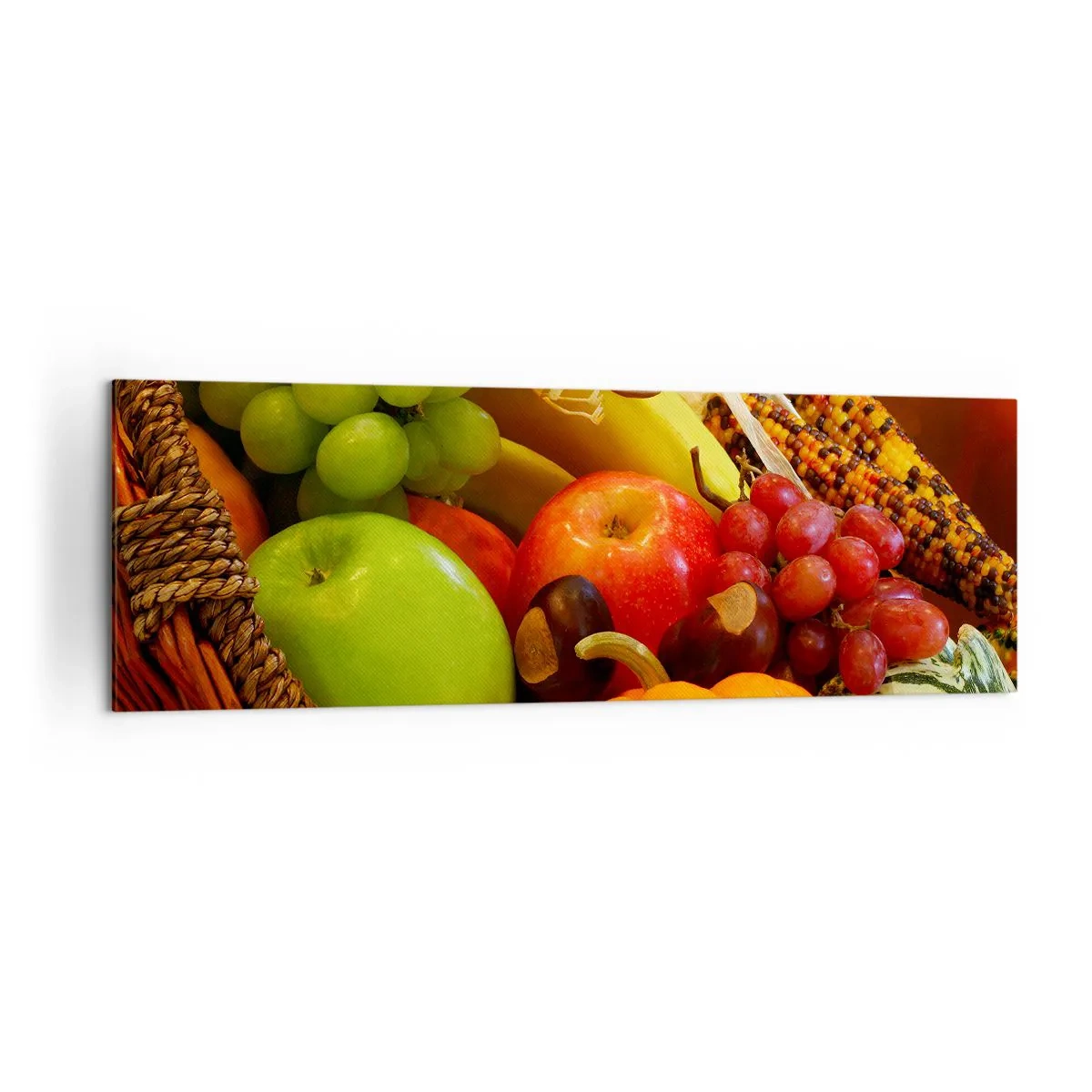 Impression sur toile - Image sur toile - Un panier de fruits, de citrouilles et de maïs sur fond de couleurs d'automne. - 160x50cm - Panier de récolte - Décoration murale moderne pour le salon et la chambre ARTTOR