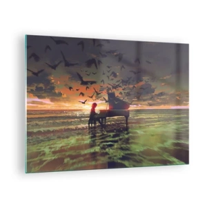 Impression sur verre - Image sur verre - Pianiste jouant du piano sur la plage au coucher du soleil - 70x50cm - Concert pour piano et vagues - Décoration murale moderne pour le salon et la chambre ARTTOR