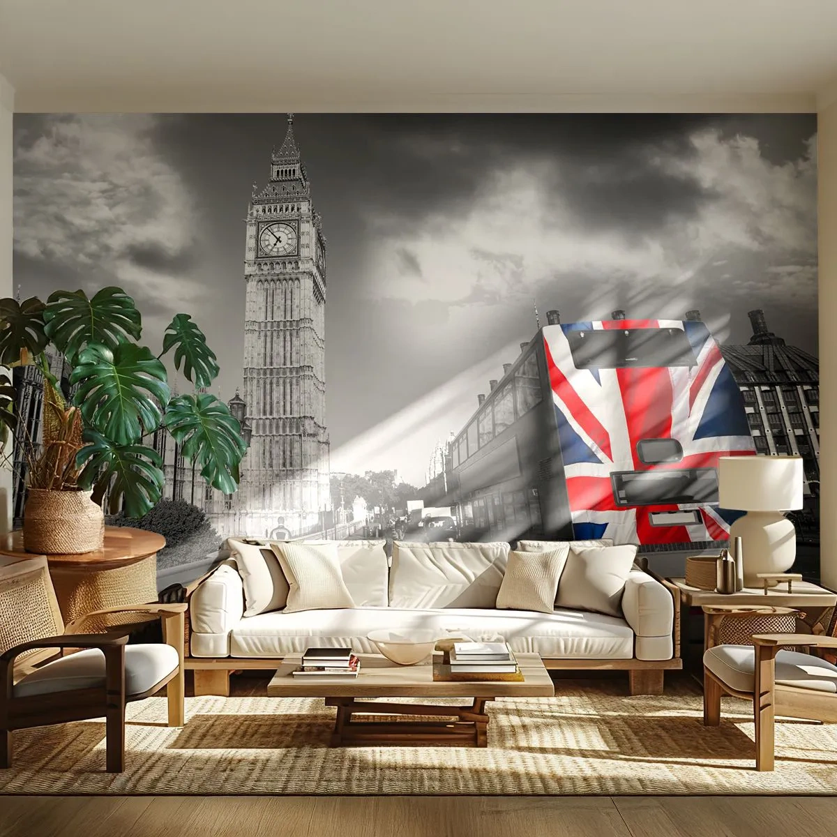 Papier Peint Photo Premium Sand - Vue de la ville en noir et blanc avec un bus coloré - 100x70cm - Fière et grande - Décoration murale moderne pour le salon et la chambre ARTTOR