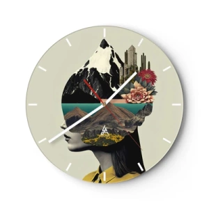 Horloge murale - Pendule murale - Portrait artistique d'une femme avec un paysage et des fleurs dans la tête - 30x30cm - La femme – toujours un mystère - Décoration murale moderne pour le salon, la cuisine et la chambre ARTTOR