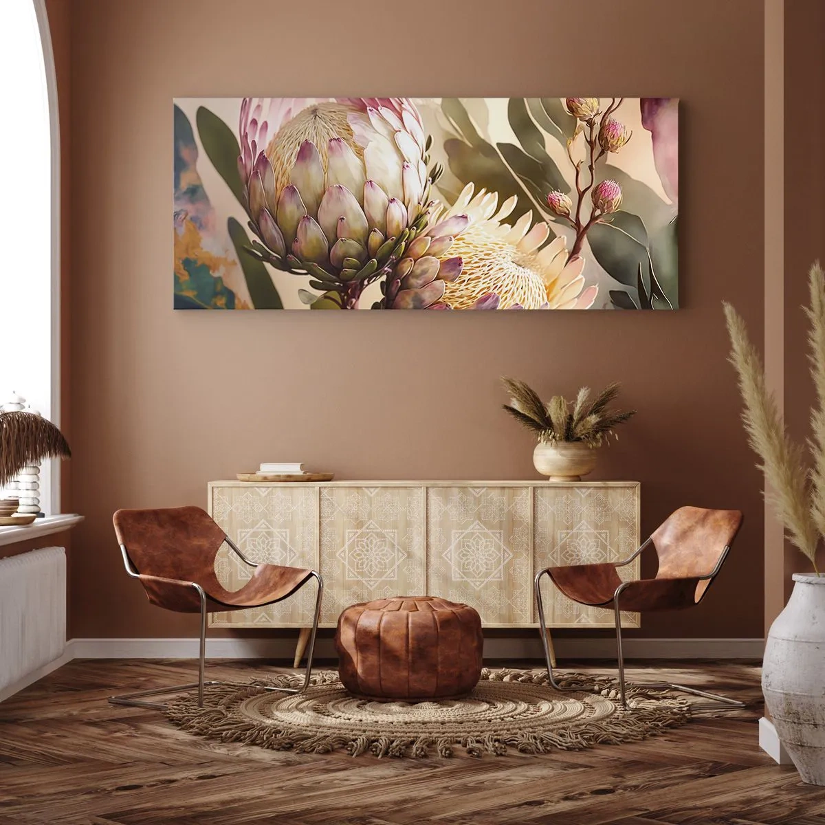 Impression sur toile - Image sur toile - Fleurs de protéa colorées sur un fond délicat - 140x50cm - Tendrement embrassé - Décoration murale moderne pour le salon et la chambre ARTTOR