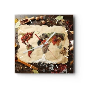 Horloge murale - Pendule murale - Une carte du monde faite d'épices sur un fond en bois. - 30x30cm - Toutes les saveurs du monde - Décoration murale moderne pour le salon et la chambre ARTTOR