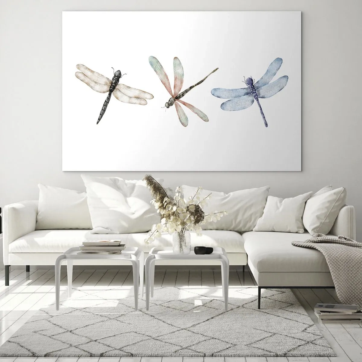 Impression sur verre - Image sur verre - Trois libellules colorées sur fond blanc dans un style aquarelle délicat - 70x50cm - Libellules en apesanteur - Décoration murale moderne pour le salon et la chambre ARTTOR