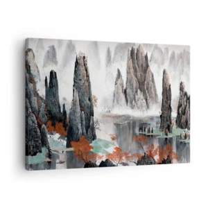 Impression sur toile - Image sur toile - Rochers et arbres pittoresques dans le paysage brumeux de la Chine - 70x50cm - De puissants gardiens - Décoration murale moderne pour le salon et la chambre ARTTOR