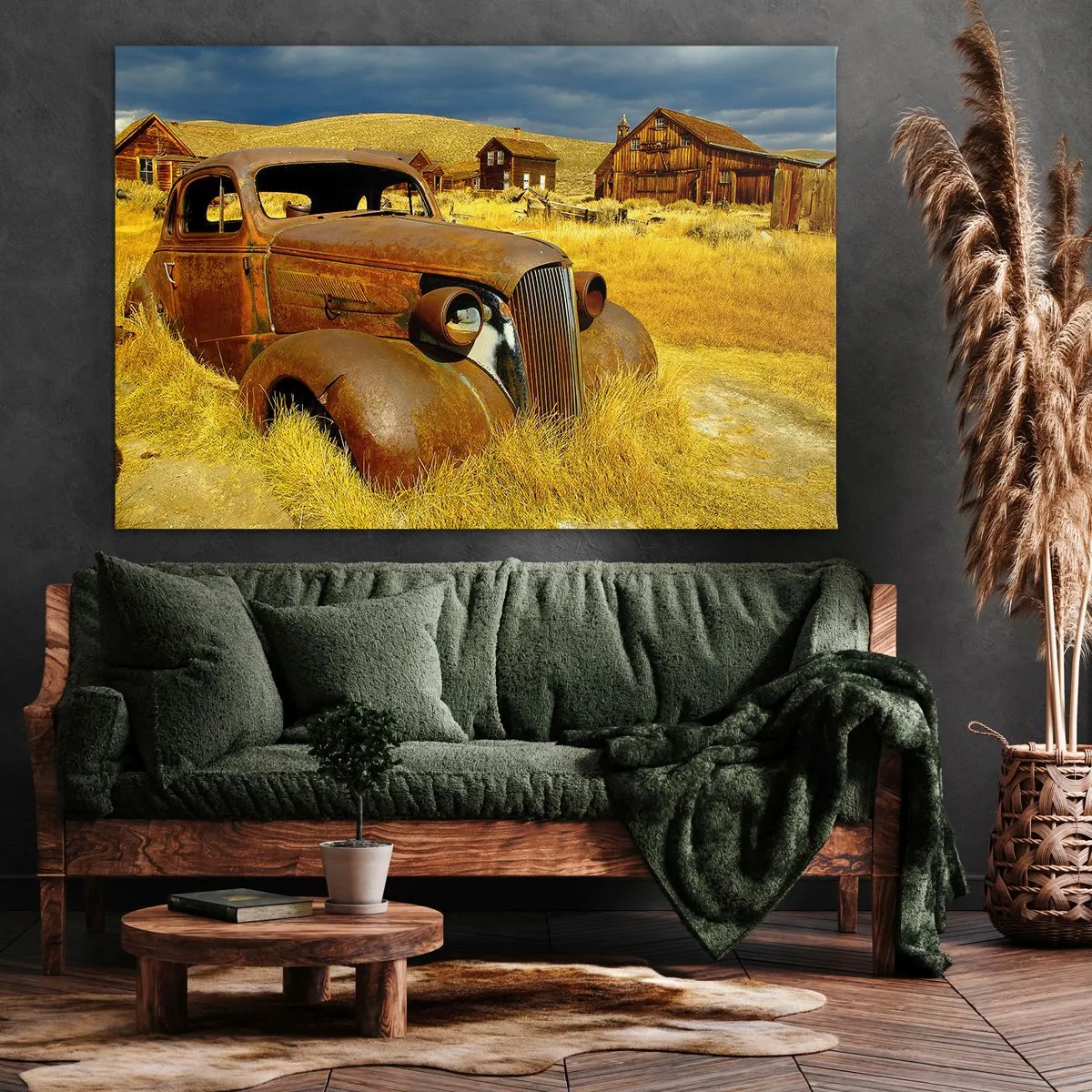Impression sur toile - Image sur toile - Une vieille voiture rouillée sur fond de cabanes en bois abandonnées - 100x70cm - Repos bien mérité - Décoration murale moderne pour le salon et la chambre ARTTOR