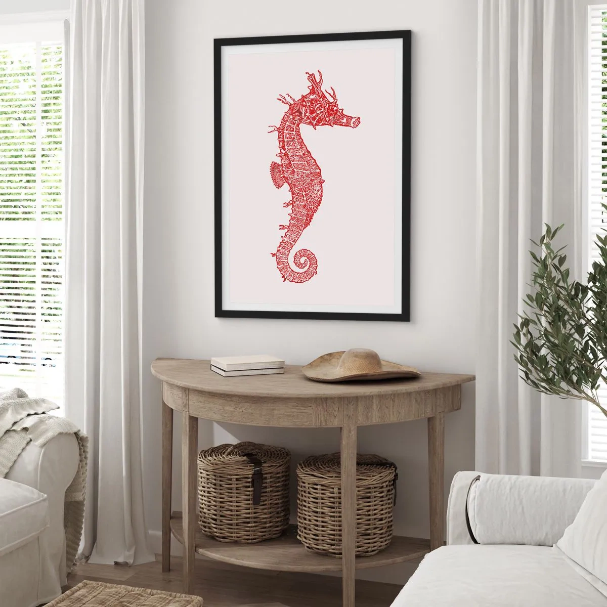 Affiche dans un cadre noir - Poster - Hippocampe steampunk rouge sur fond clair - 50x70cm - Une créature complexe - Décoration murale moderne pour le salon et la chambre ARTTOR