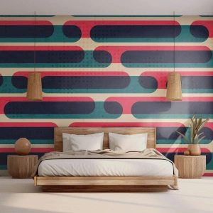 Papier Peint Photo Standard Eco - Motif géométrique rétro en rouge, bleu marine et beige - 100x70cm - En profondeur et sur l'avant - Décoration murale moderne pour le salon et la chambre ARTTOR