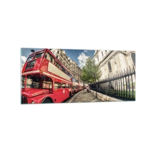 Impression sur verre - Image sur verre - Bus rouge à impériale à Londres près de la rue et de la cathédrale - 120x50cm - Rue de Londres en gris et rouge - Décoration murale moderne pour le salon et la chambre ARTTOR