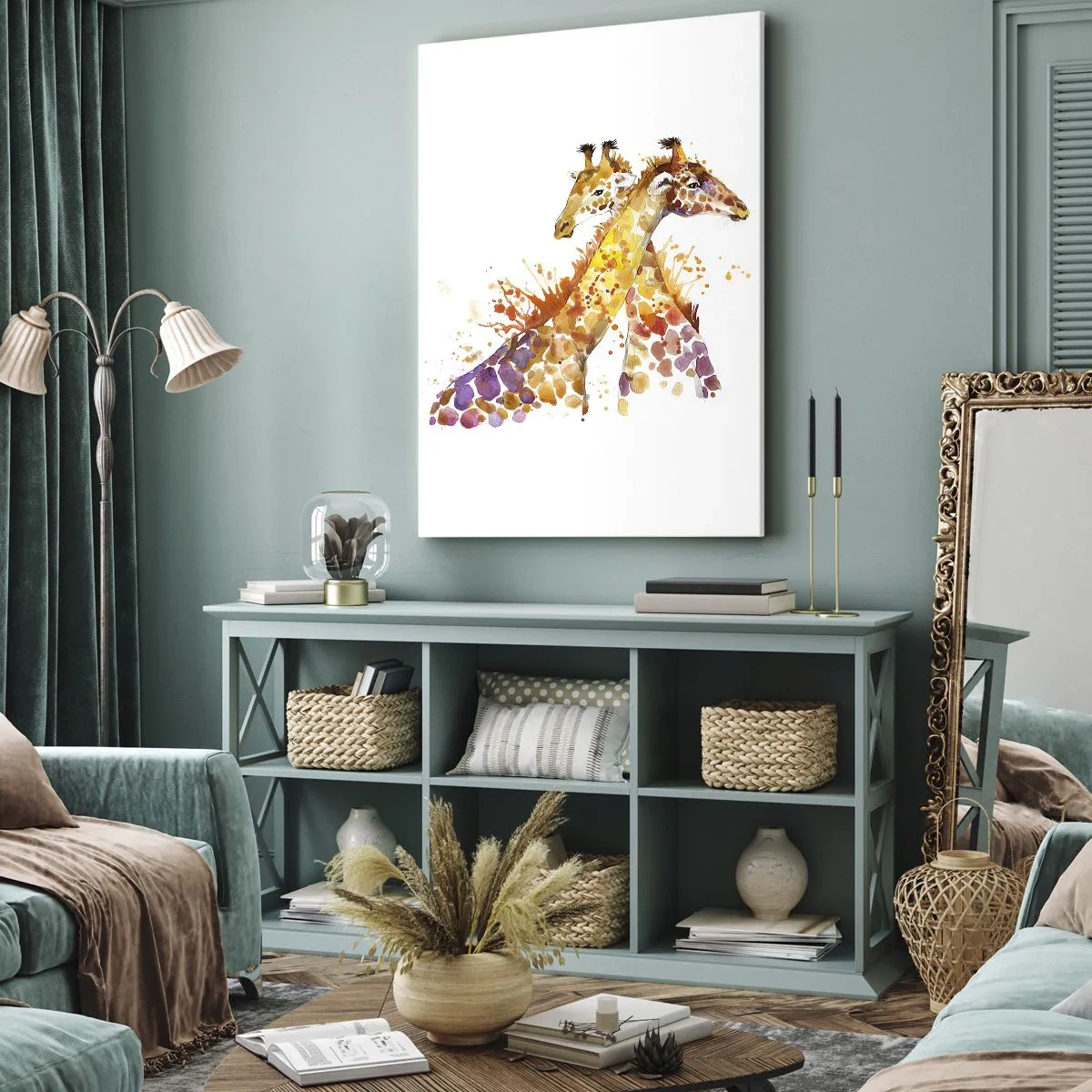 Impression sur toile - Image sur toile - Girafes à l'aquarelle aux tons colorés - 70x100cm - Est-ce de l'amitié ou de l'amour? - Décoration murale moderne pour le salon et la chambre ARTTOR