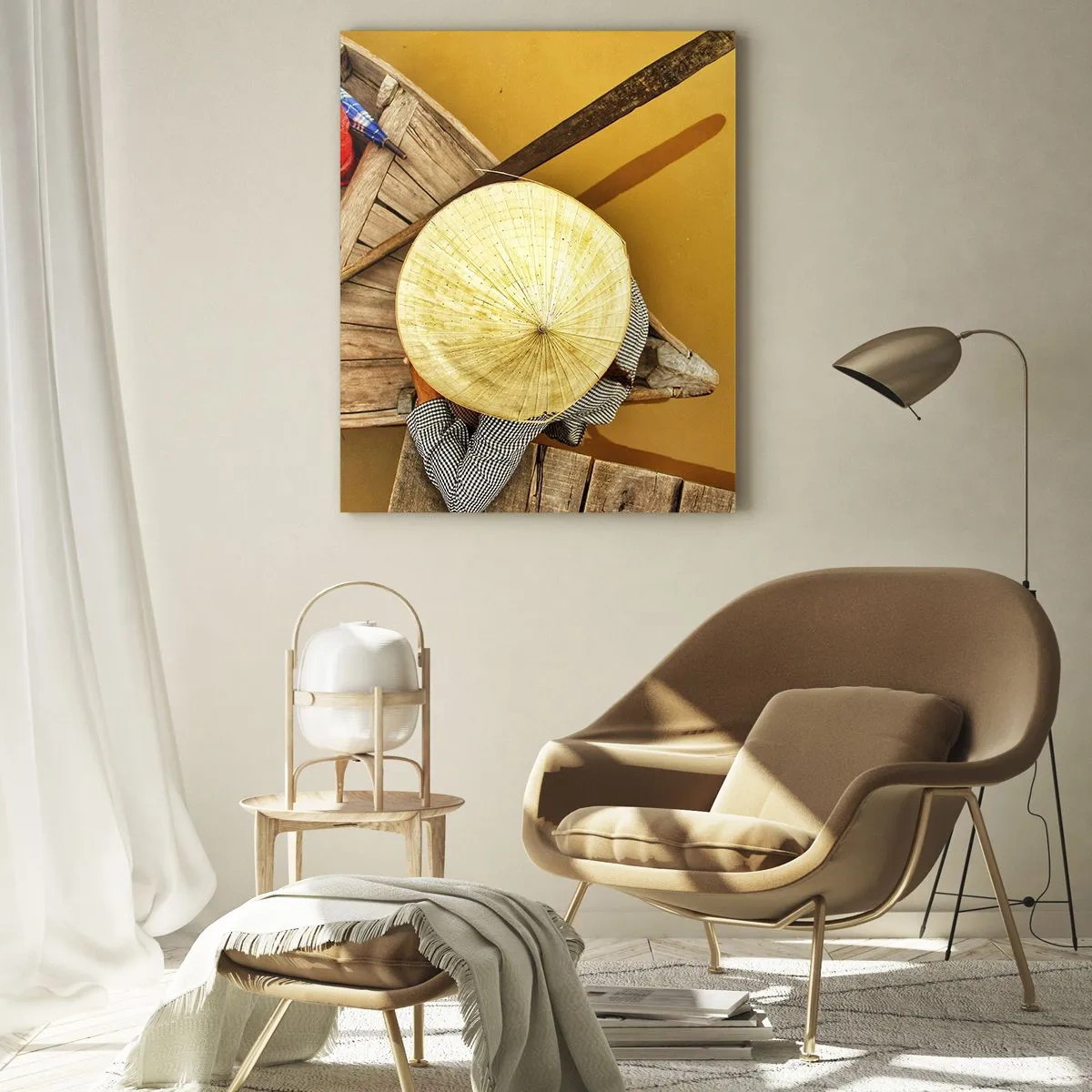 Impression sur verre - Image sur verre - Vue de dessus d'un bateau et d'une personne portant un chapeau conique - 50x70cm - La vie sur le fleuve Jaune - Décoration murale moderne pour le salon et la chambre ARTTOR